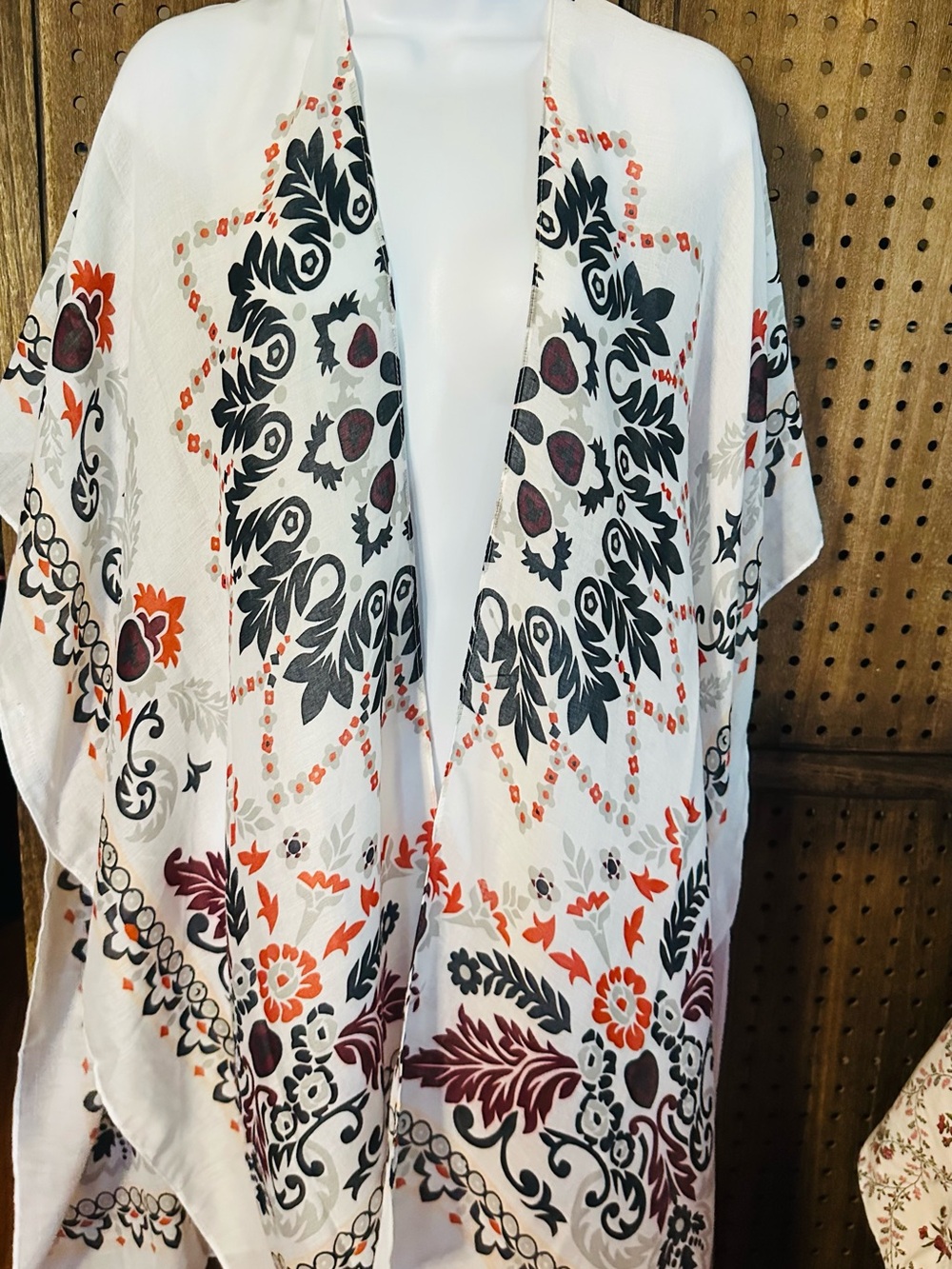 Styline White Floral & Geometric Print Wrap Scarf Kimono One Size
